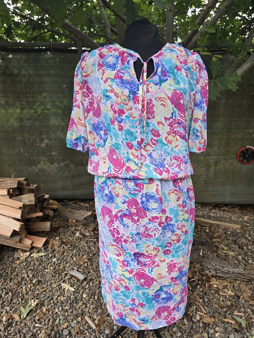 Vtg 80's Floral Semi Sheer Blouse Midi Dress Cottagecore Romantic Retro Pastel
